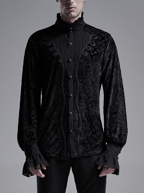 High Collar Front Metal Retro Button Lantern Sleeve Flounce Cuff Black Gothic Velveteen Knit Shirt