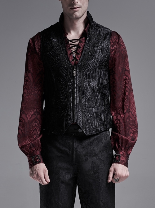 Front Chest Ribbon Metal Zipper Black Gothic Jacquard Vest
