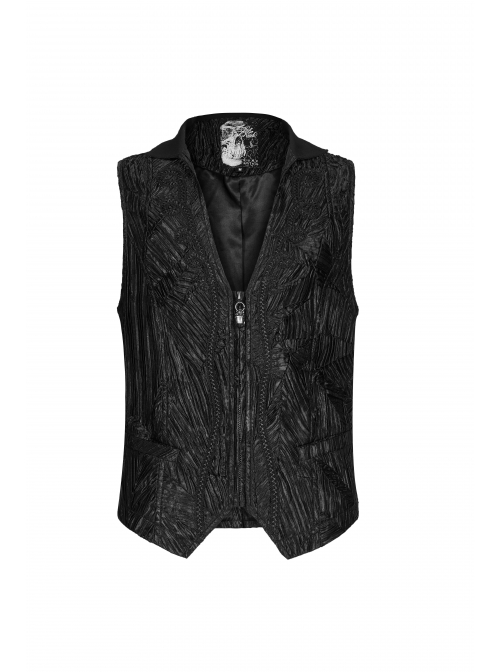 Front Chest Ribbon Metal Zipper Black Gothic Jacquard Vest