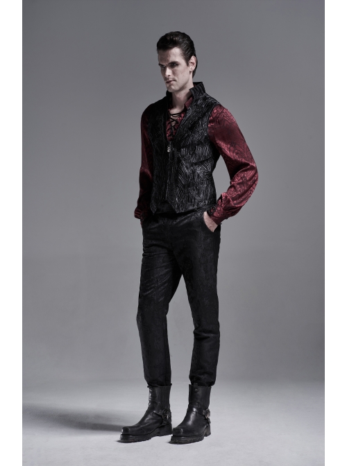 Front Chest Ribbon Metal Zipper Black Gothic Jacquard Vest