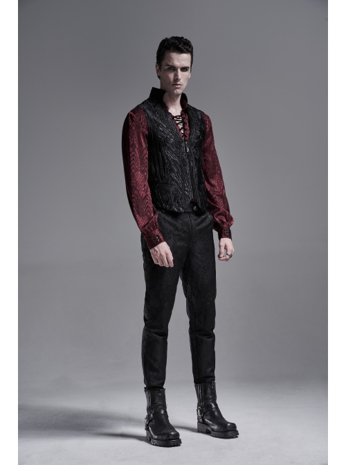 Front Chest Ribbon Metal Zipper Black Gothic Jacquard Vest