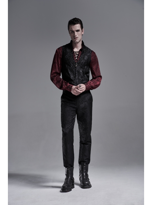 Front Chest Ribbon Metal Zipper Black Gothic Jacquard Vest