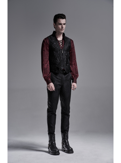 Front Chest Ribbon Metal Zipper Black Gothic Jacquard Vest