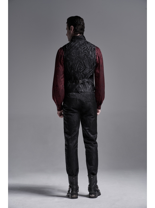 Front Chest Ribbon Metal Zipper Black Gothic Jacquard Vest
