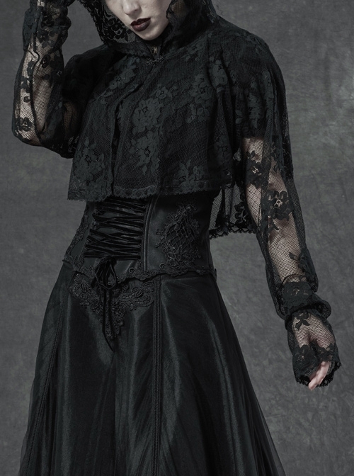Black Metal Buckle Long Sleeve Thorn Lace Webbing Cuff Gothic Lace Short Coat