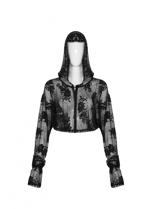 Black Metal Buckle Long Sleeve Thorn Lace Webbing Cuff Gothic Lace Short Coat