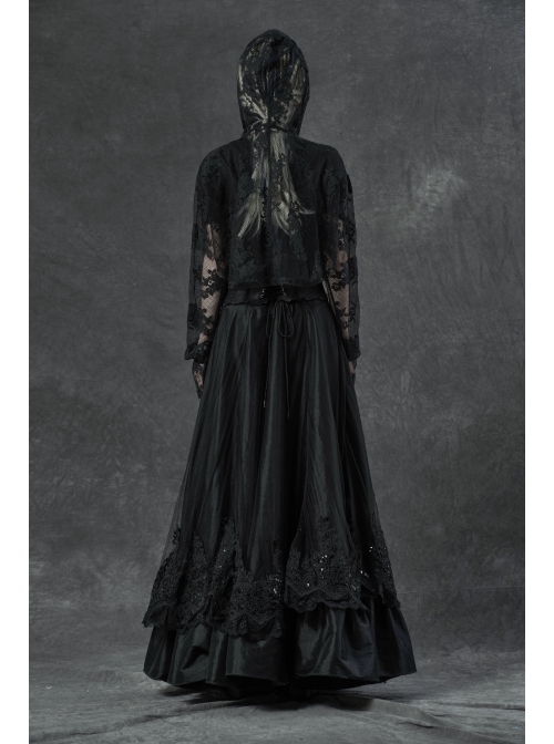 Black Metal Buckle Long Sleeve Thorn Lace Webbing Cuff Gothic Lace Short Coat