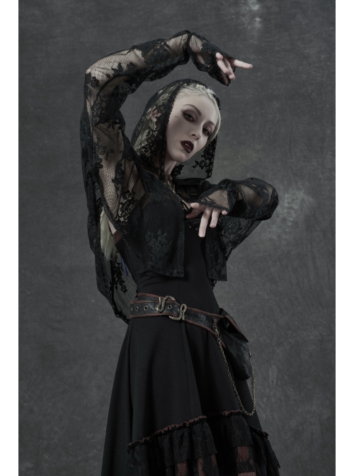 Black Metal Buckle Long Sleeve Thorn Lace Webbing Cuff Gothic Lace Short Coat