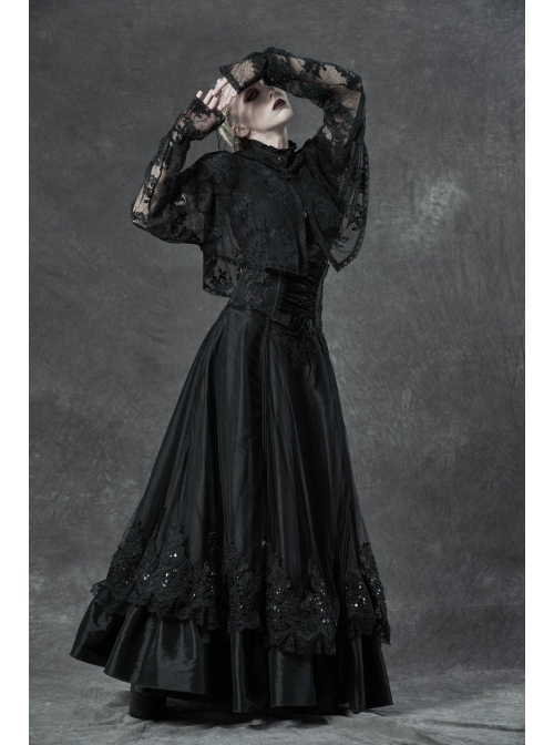 Black Metal Buckle Long Sleeve Thorn Lace Webbing Cuff Gothic Lace Short Coat