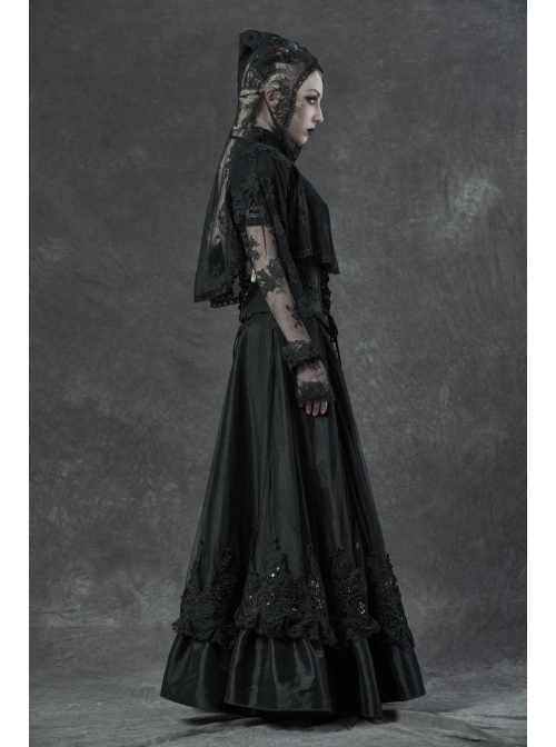 Black Metal Buckle Long Sleeve Thorn Lace Webbing Cuff Gothic Lace Short Coat