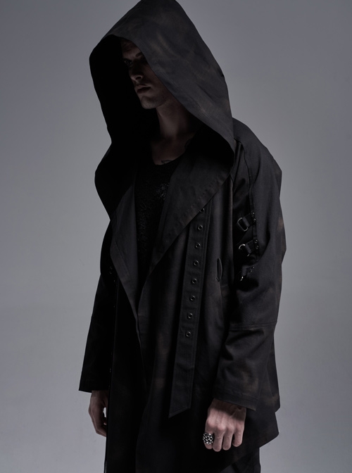 Metal D-Buckle Eyelets Strap Slit Cuff Black Punk Print Hooded Coat