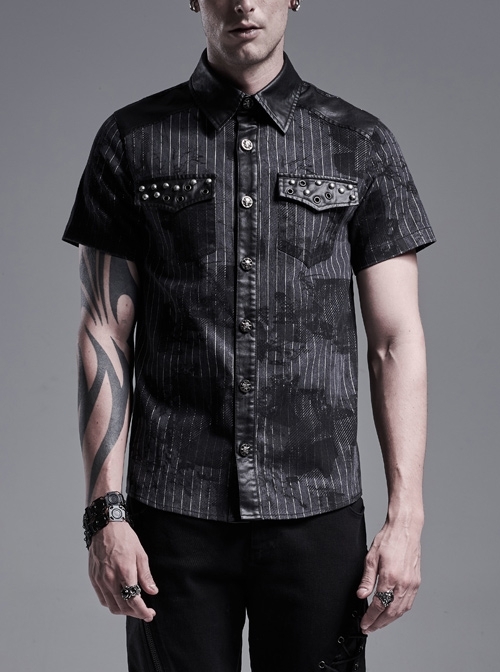 Front Metal Nail Decoration Short Sleeve Black Punk Striped Printed Shirt