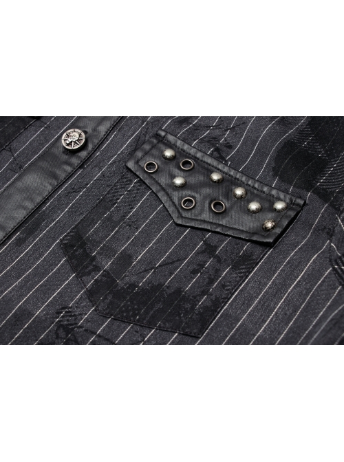 Front Metal Nail Decoration Short Sleeve Black Punk Striped Printed Shirt