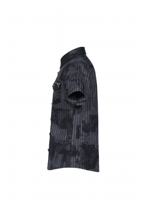 Front Metal Nail Decoration Short Sleeve Black Punk Striped Printed Shirt