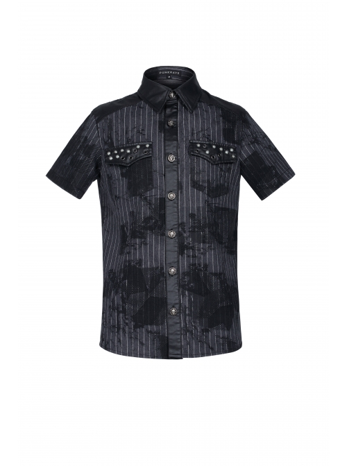 Front Metal Nail Decoration Short Sleeve Black Punk Striped Printed Shirt