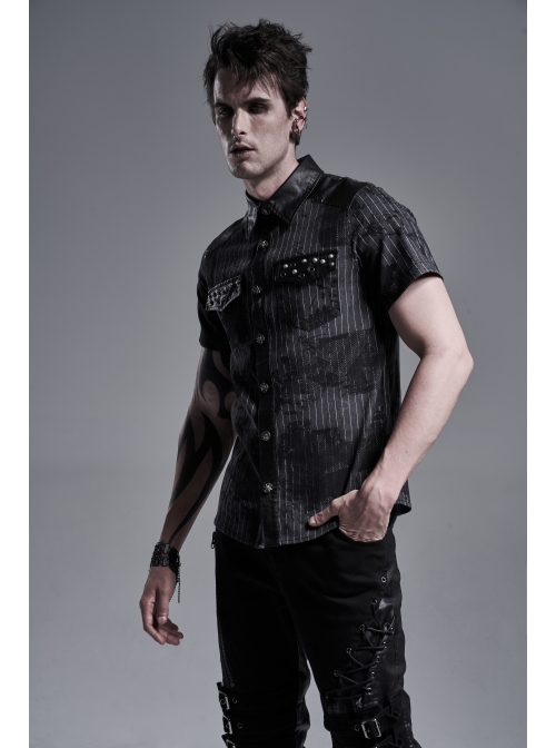 Front Metal Nail Decoration Short Sleeve Black Punk Striped Printed Shirt