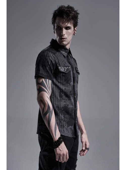 Front Metal Nail Decoration Short Sleeve Black Punk Striped Printed Shirt