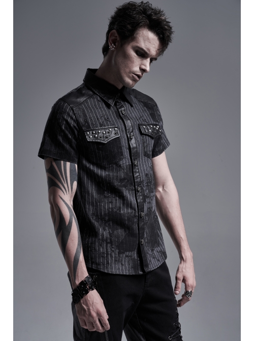Front Metal Nail Decoration Short Sleeve Black Punk Striped Printed Shirt