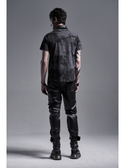 Front Metal Nail Decoration Short Sleeve Black Punk Striped Printed Shirt