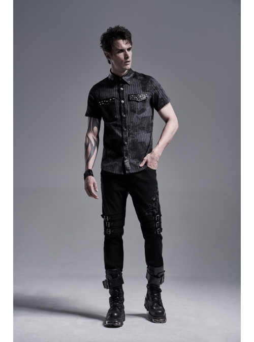 Front Metal Nail Decoration Short Sleeve Black Punk Striped Printed Shirt
