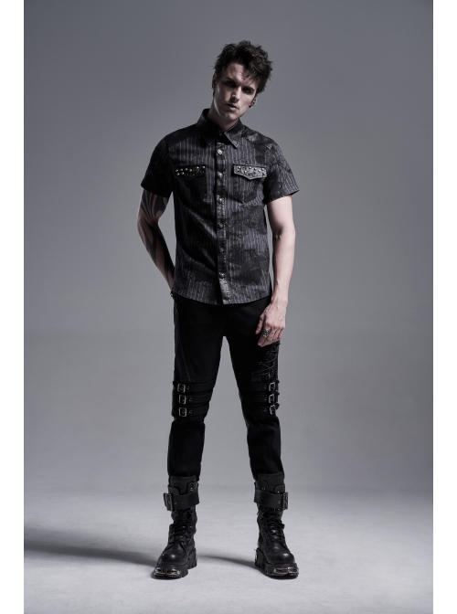 Front Metal Nail Decoration Short Sleeve Black Punk Striped Printed Shirt