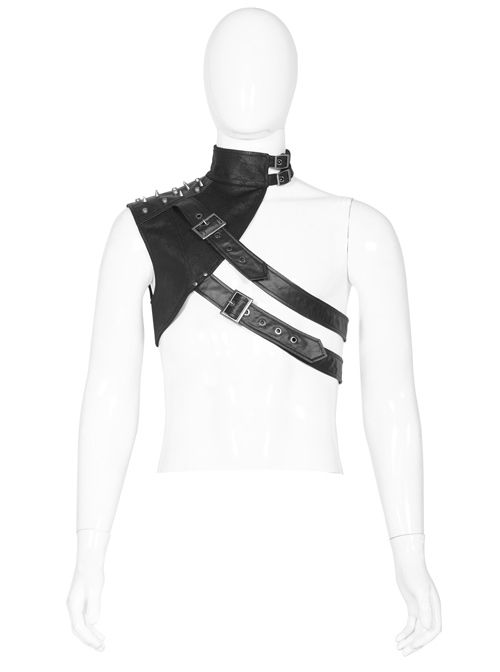 High Collar Metal Buckle Strap Rivet Black Punk One-Shoulder Cracked PU Leather Armor Accessory