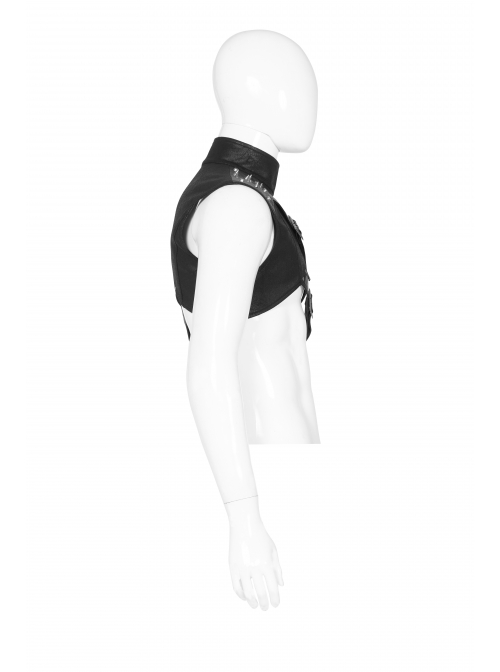 High Collar Metal Buckle Strap Rivet Black Punk One-Shoulder Cracked PU Leather Armor Accessory