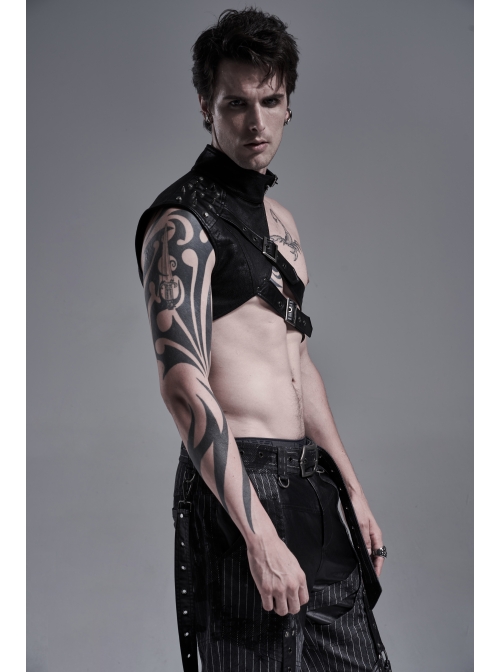 High Collar Metal Buckle Strap Rivet Black Punk One-Shoulder Cracked PU Leather Armor Accessory