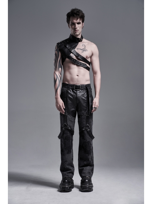 High Collar Metal Buckle Strap Rivet Black Punk One-Shoulder Cracked PU Leather Armor Accessory