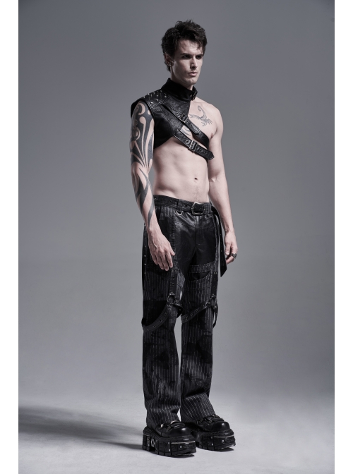High Collar Metal Buckle Strap Rivet Black Punk One-Shoulder Cracked PU Leather Armor Accessory