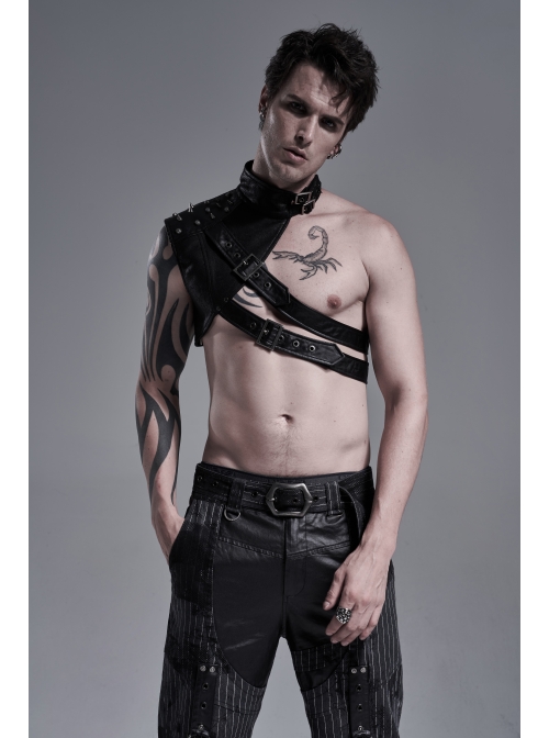 High Collar Metal Buckle Strap Rivet Black Punk One-Shoulder Cracked PU Leather Armor Accessory