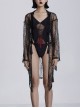 Front Lace Decoration Flare Sleeve Black Gothic Cobweb Pattern Mesh Coat