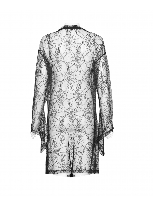 Front Lace Decoration Flare Sleeve Black Gothic Cobweb Pattern Mesh Coat