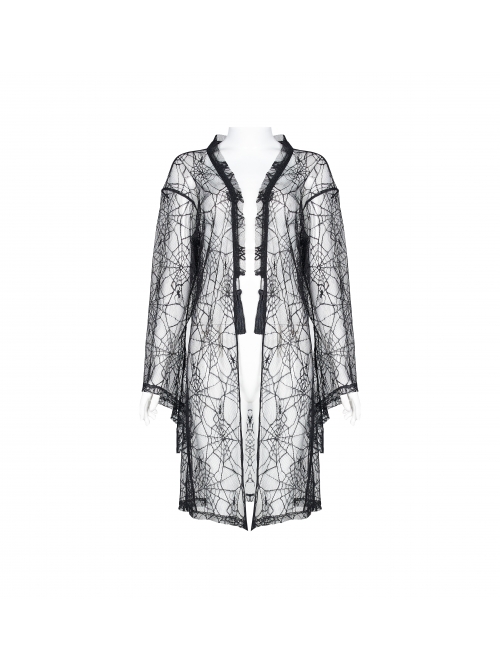 Front Lace Decoration Flare Sleeve Black Gothic Cobweb Pattern Mesh Coat