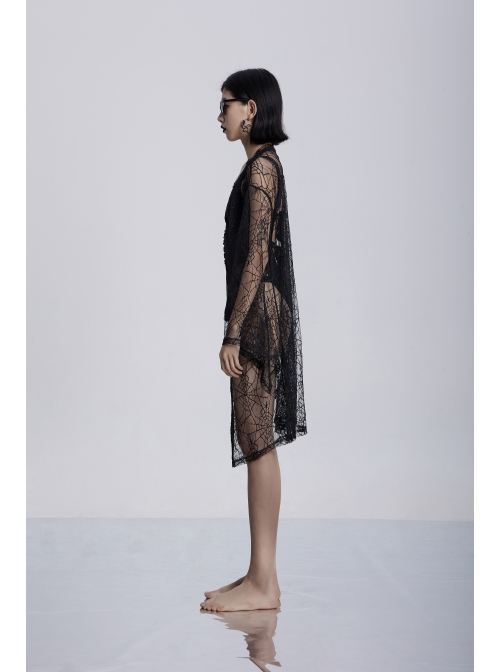 Front Lace Decoration Flare Sleeve Black Gothic Cobweb Pattern Mesh Coat