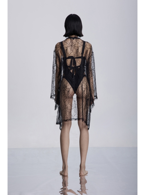 Front Lace Decoration Flare Sleeve Black Gothic Cobweb Pattern Mesh Coat