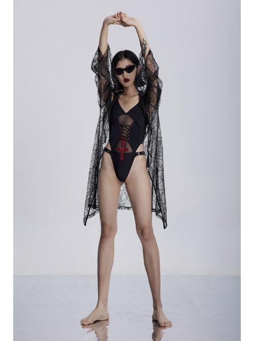 Front Lace Decoration Flare Sleeve Black Gothic Cobweb Pattern Mesh Coat