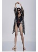 Front Lace Decoration Flare Sleeve Black Gothic Cobweb Pattern Mesh Coat