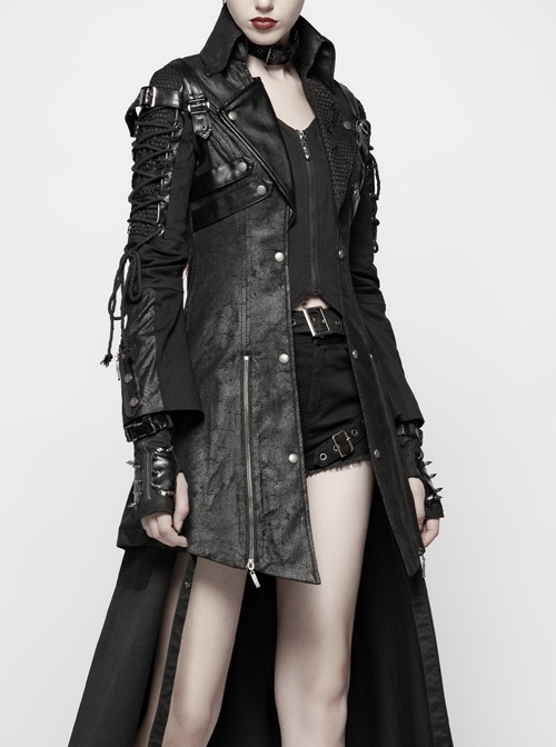 Stand-Up Metal Button Lace-Up Hot Rubber Sleeve Black Punk Leather Women Windbreaker