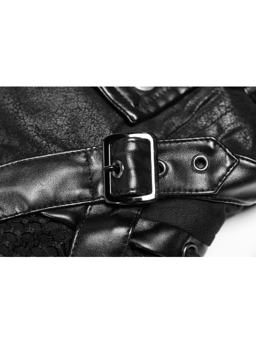 Stand-Up Metal Button Lace-Up Hot Rubber Sleeve Black Punk Leather Women Windbreaker