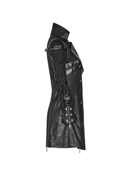 Stand-Up Metal Button Lace-Up Hot Rubber Sleeve Black Punk Leather Women Windbreaker