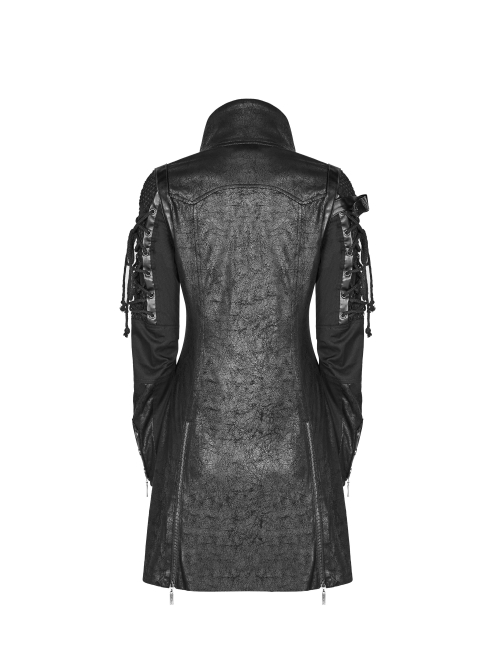 Stand-Up Metal Button Lace-Up Hot Rubber Sleeve Black Punk Leather Women Windbreaker