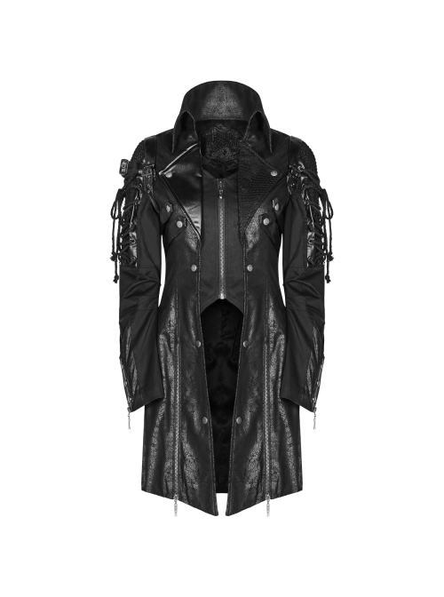 Stand-Up Metal Button Lace-Up Hot Rubber Sleeve Black Punk Leather Women Windbreaker