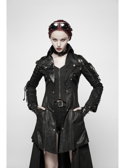 Stand-Up Metal Button Lace-Up Hot Rubber Sleeve Black Punk Leather Women Windbreaker