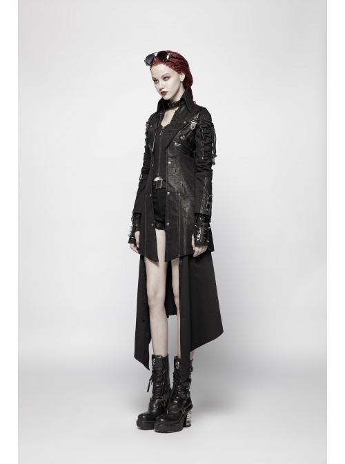 Stand-Up Metal Button Lace-Up Hot Rubber Sleeve Black Punk Leather Women Windbreaker