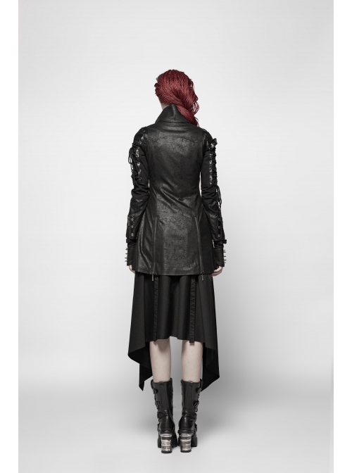 Stand-Up Metal Button Lace-Up Hot Rubber Sleeve Black Punk Leather Women Windbreaker