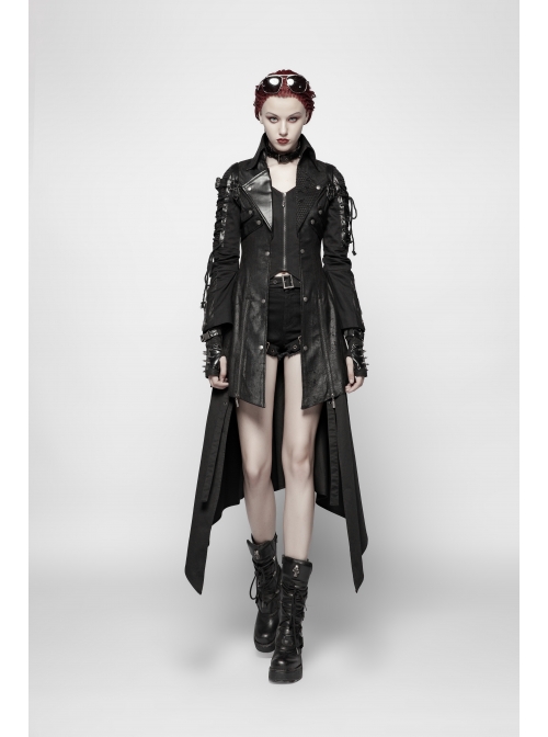Stand-Up Metal Button Lace-Up Hot Rubber Sleeve Black Punk Leather Women Windbreaker