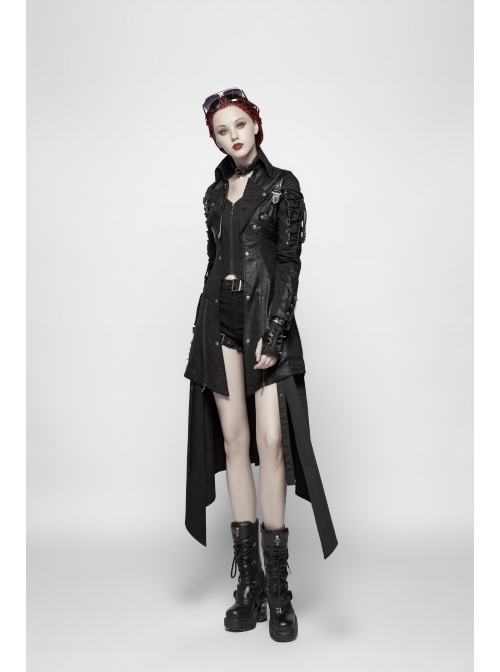 Stand-Up Metal Button Lace-Up Hot Rubber Sleeve Black Punk Leather Women Windbreaker