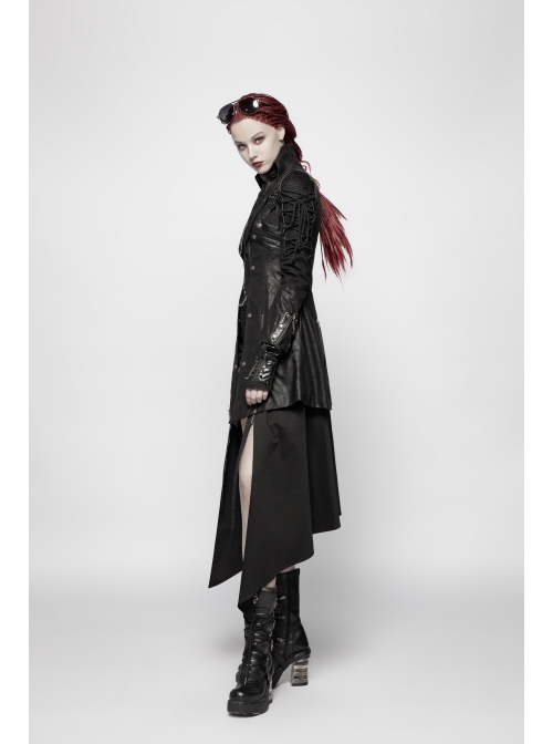 Stand-Up Metal Button Lace-Up Hot Rubber Sleeve Black Punk Leather Women Windbreaker