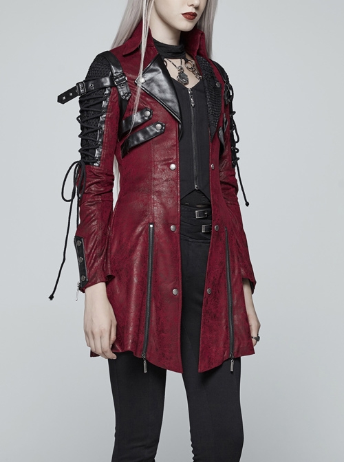 Stand-Up Metal Button Lace-Up Hot Rubber Sleeve Red Punk Leather Women Windbreaker